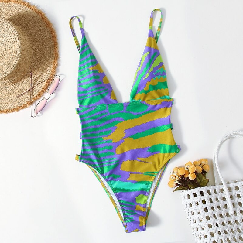 

Graphic Plunging Cut-out One Piece Swimsuit, Multicolor