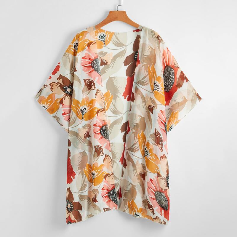 

Floral Print Open Front Kimono, Multicolor