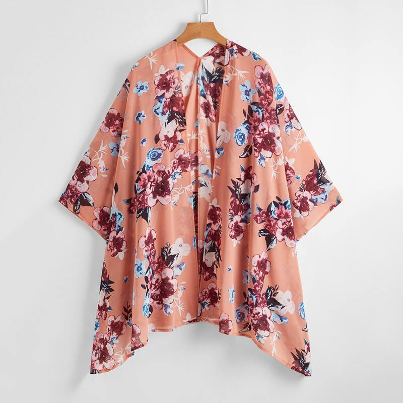 

Floral Print Open Front Kimono, Multicolor