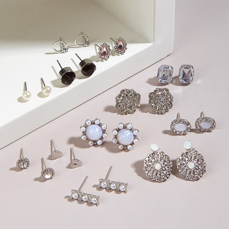 

12pairs Faux Pearl & Rhinestone Stud Earrings, Multicolor
