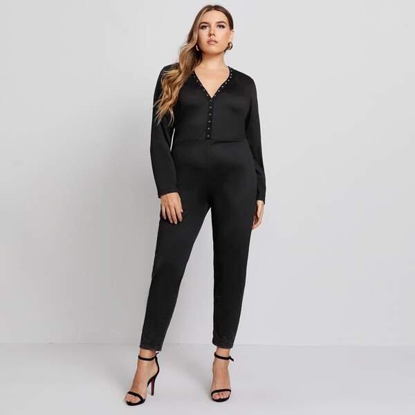 

Plus Solid Popper Tee Jumpsuit, Black