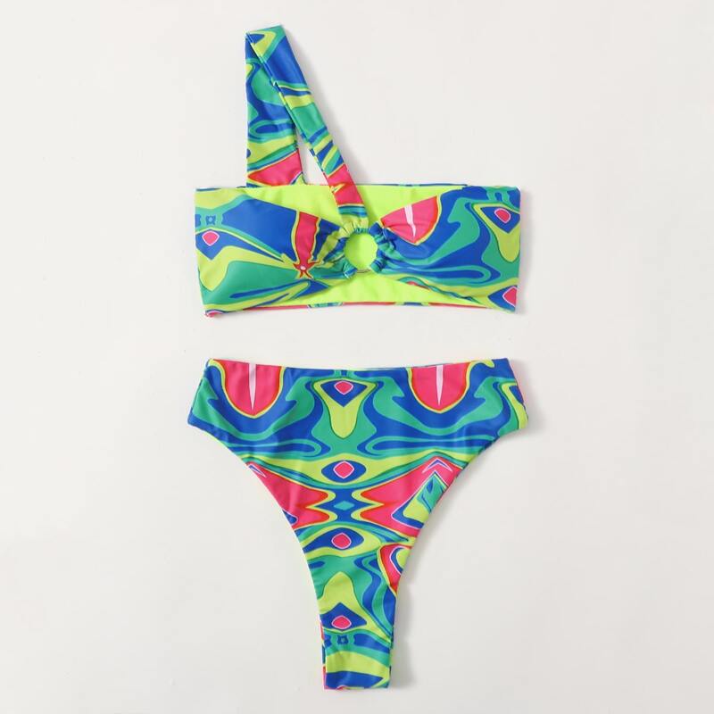

Colorful One Shoulder High Waist Bikini Swimsuit, Multicolor