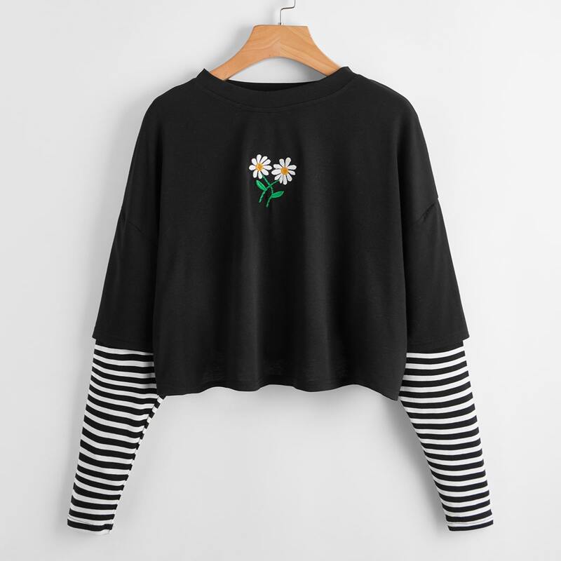 

2 In 1 Striped Sleeve Flower Embroidery Oversized Tee, Multicolor