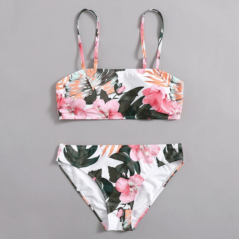 

Floral & Leaf Print Cami Bikini Swimsuit, Multicolor