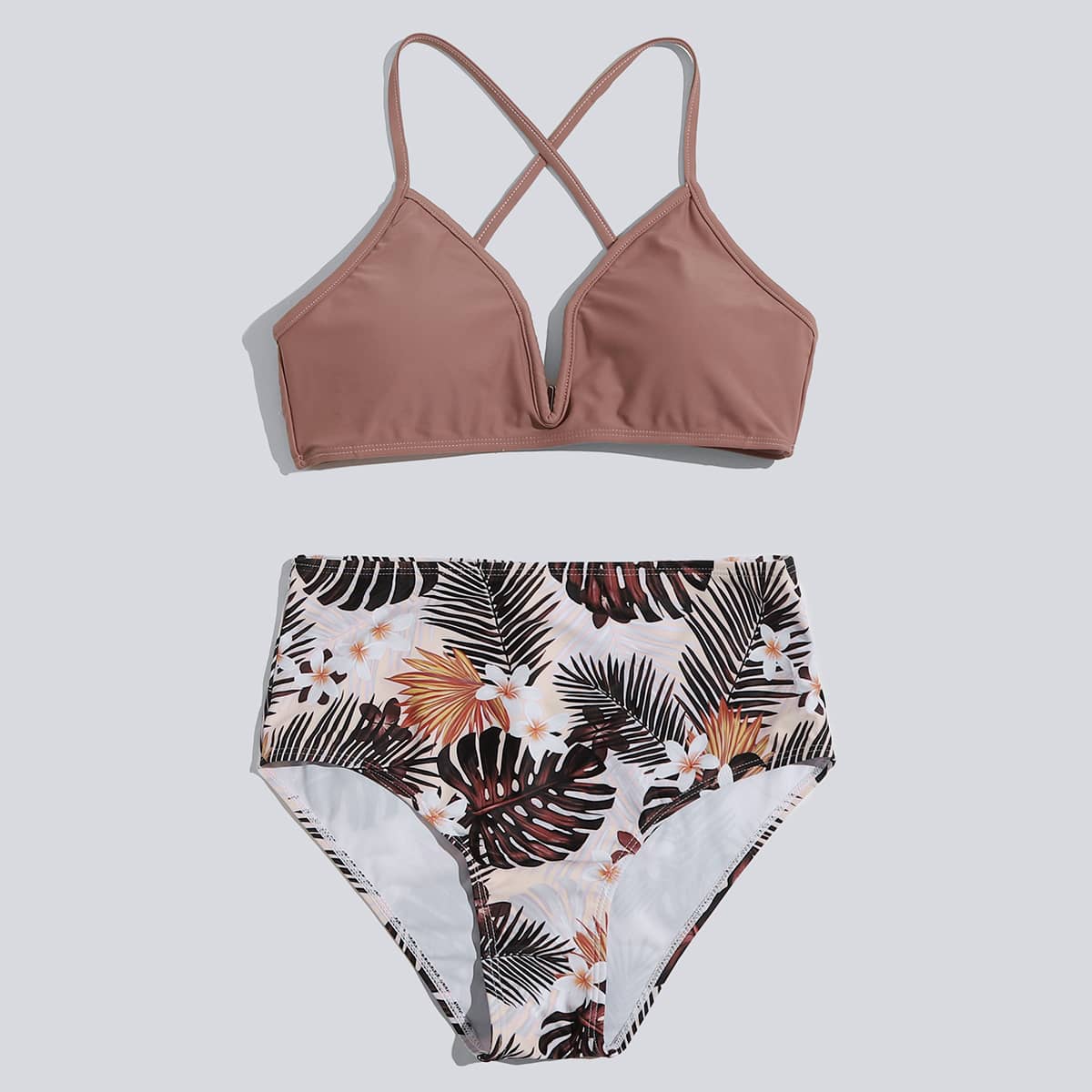 

Tropical Leaf V Wired High Waist Bikini Swimsuit, Multicolor
