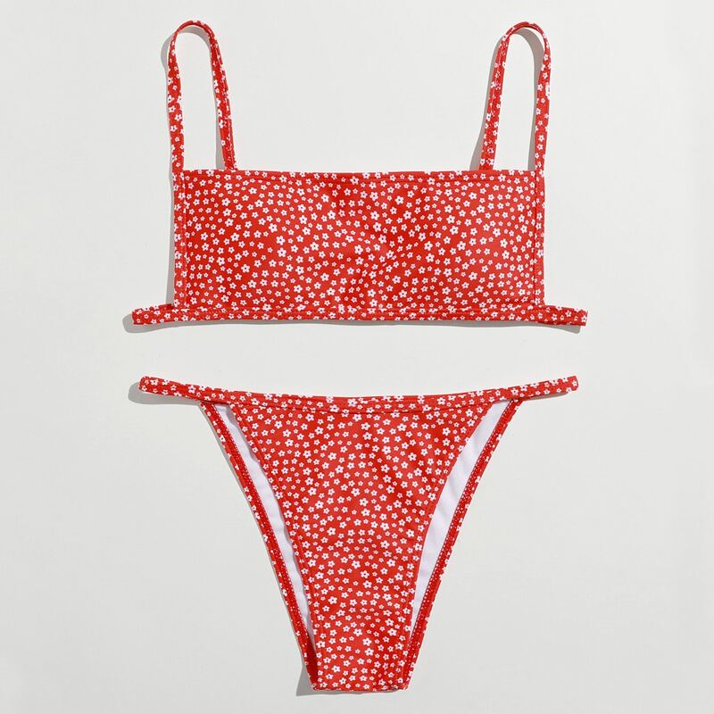 

Ditsy Floral Tanga Bikini Swimsuit, Red and white