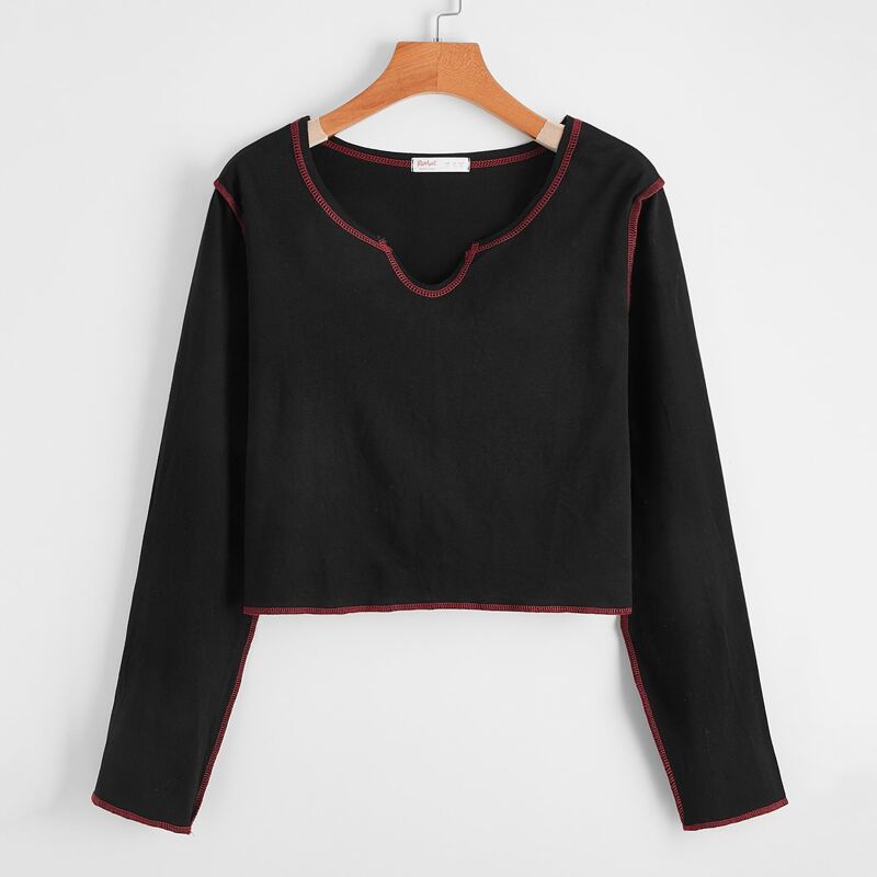 

Contrast Stitching Notched Crop Tee, Black