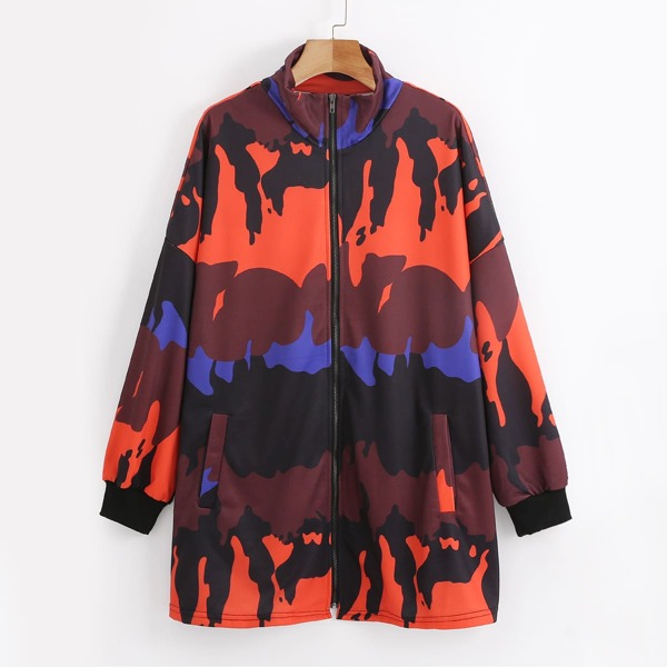 

Plus Graphic Print Zip Up Coat, Multicolor