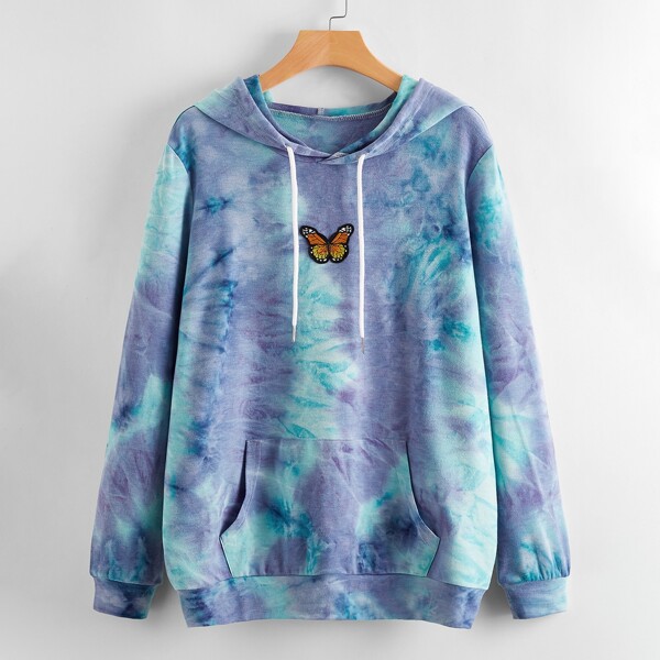 

Plus Butterfly Patched Tie Dye Hoodie, Multicolor