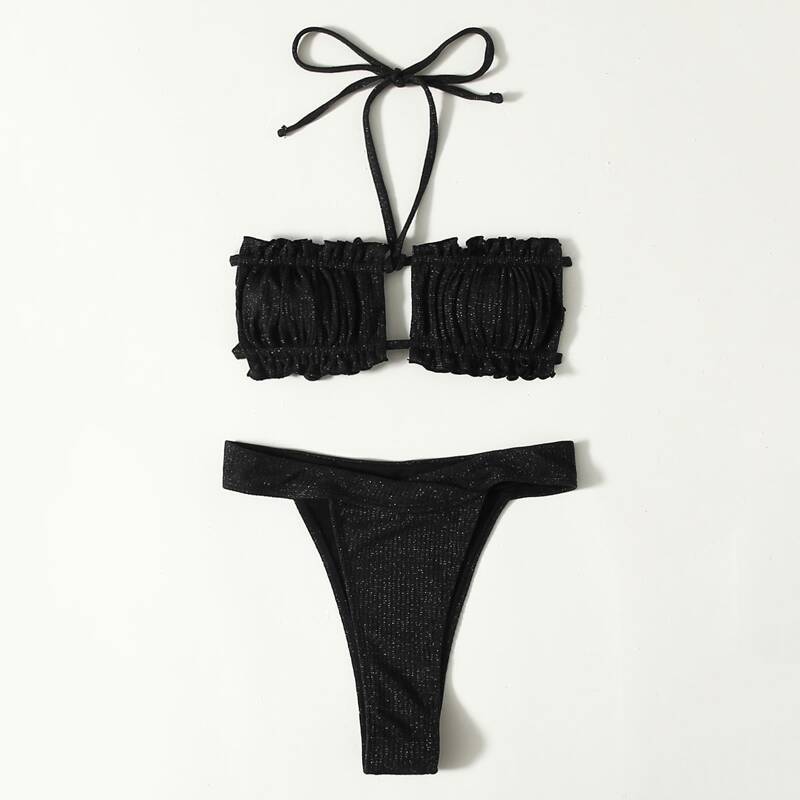 

Ruched Bust Halter Thong Bikini Swimsuit, Black