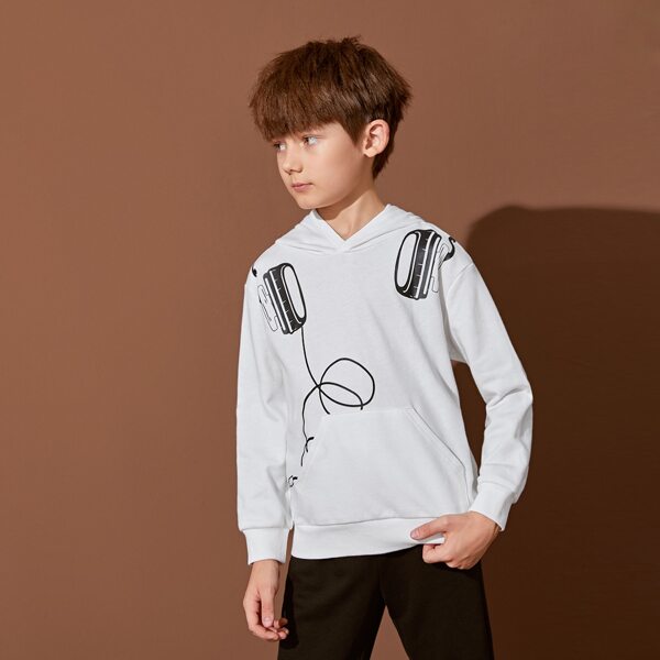 

Boys Headset Print Pouch Pocket Hoodie, White