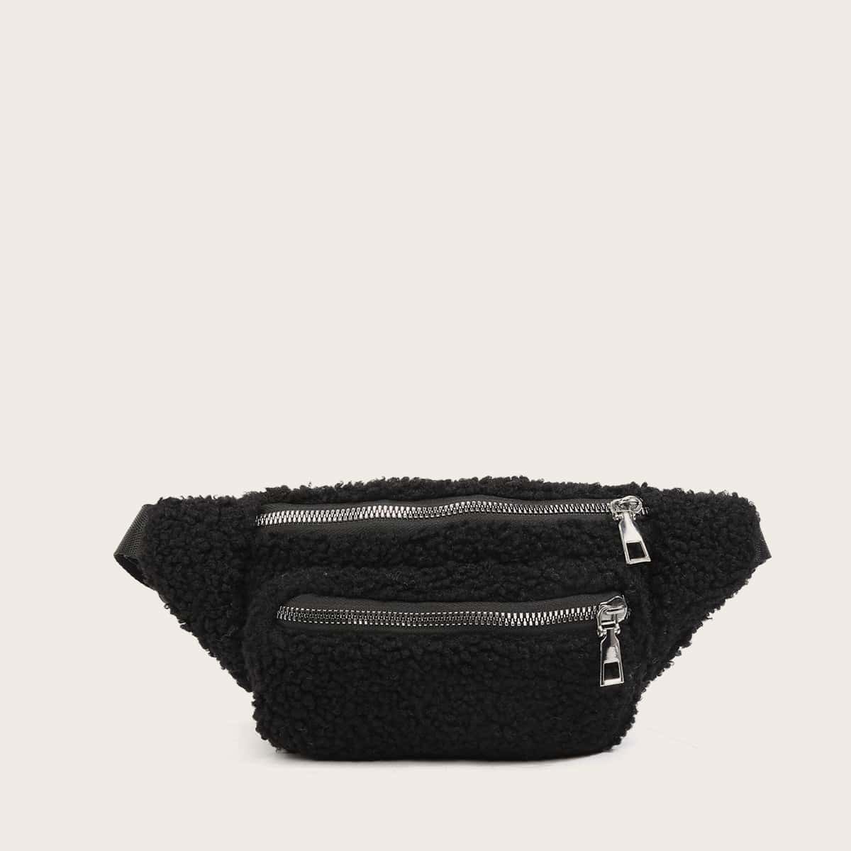 

Zip Front Fuzzy Fanny Pack, Black