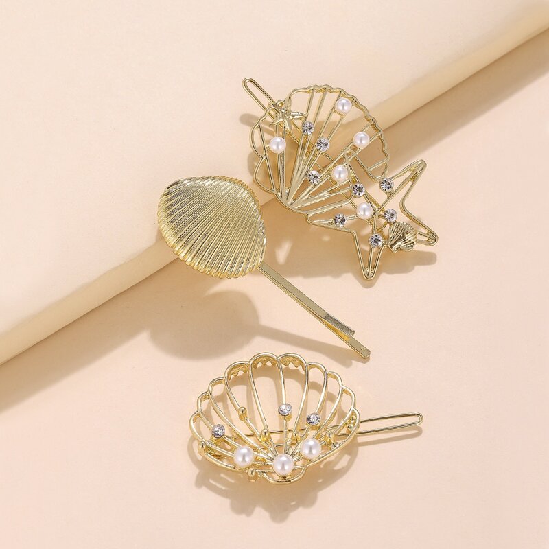 

3pcs Rhinestone Shell Hair Clip, Gold