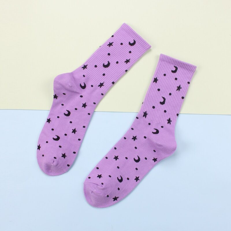

1pair Star & Moon Pattern Crew Socks, Purple