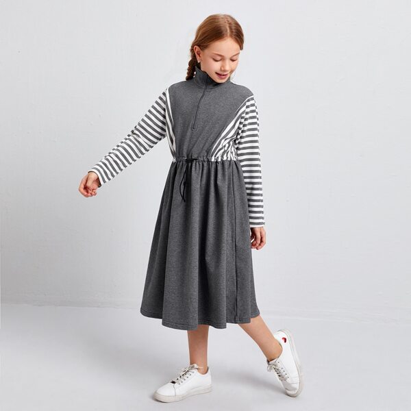 

Girls Drawstring Waist Striped Dress, Dark grey