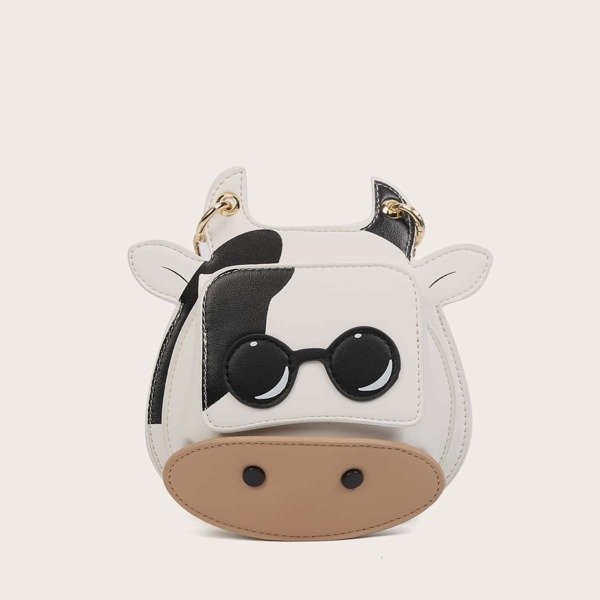 

Cartoon Cow Design Chain Crossbody Bag, Black and white