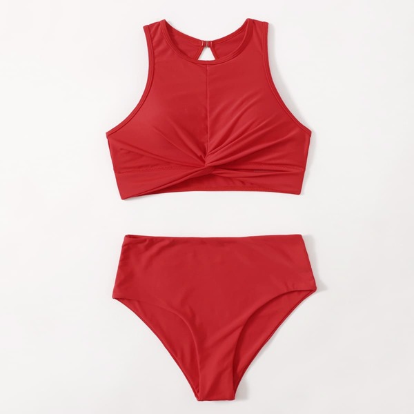 

Twist Front High Waisted Bikini Swimsuit, Red