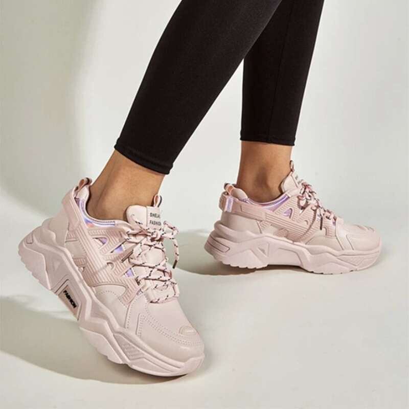

Holographic Lace-up Chunky Sneakers, Baby pink