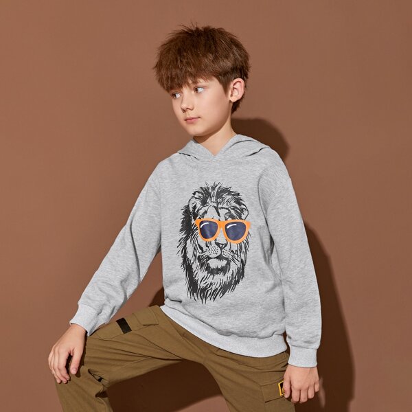 

Boys Lion Print Hoodie, Grey