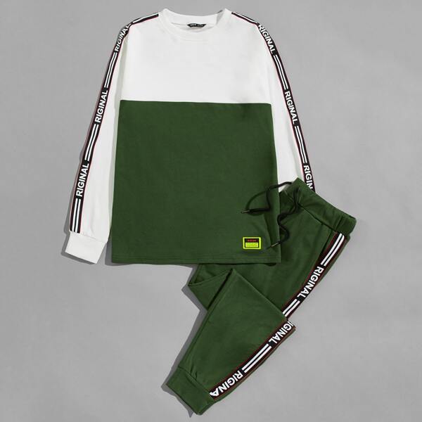 

Men Letter Tape Side Colorblock Pullover & Joggers Set, Multicolor