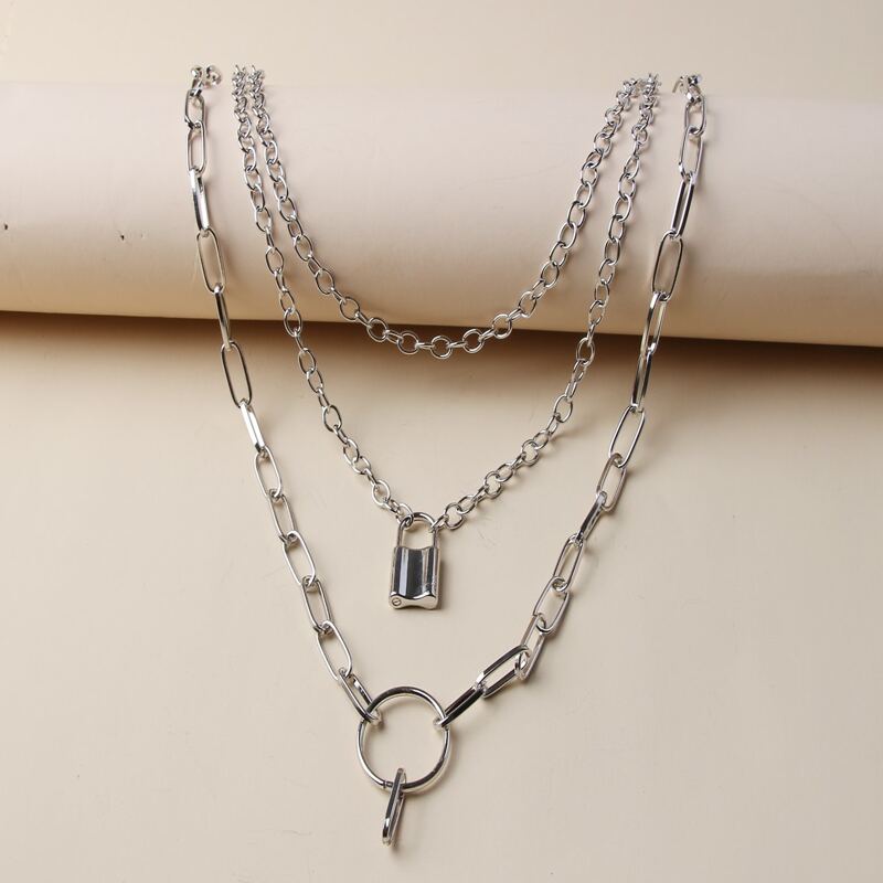 

Lock & Ring Charm Layered Necklace, Silver