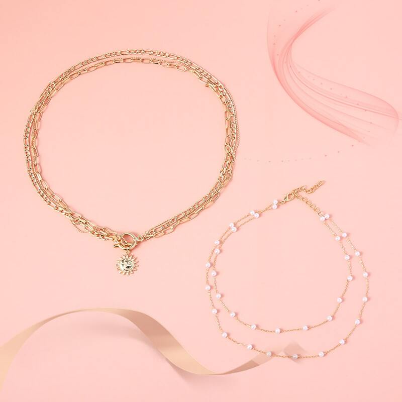 

2pcs Faux Pearl & Sun Charm Layered Necklace, Gold