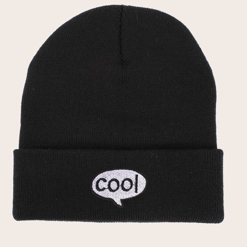 

Letter Embroidery Knit Beanie, Black