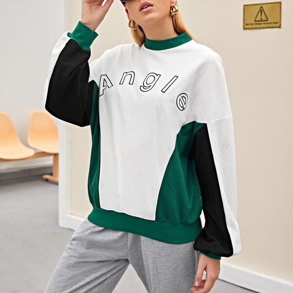 

Drop Shoulder Letter Graphic Colorblock Pullover, Multicolor