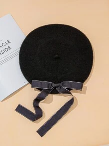1 Pieza Boina De Lana Con Lazo De Cinta - Negro - Ver 1