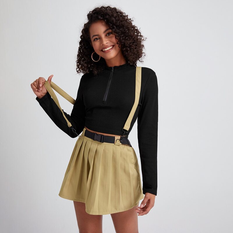 

Solid Straps Pleated Skirt With Buckle Belt, Khaki