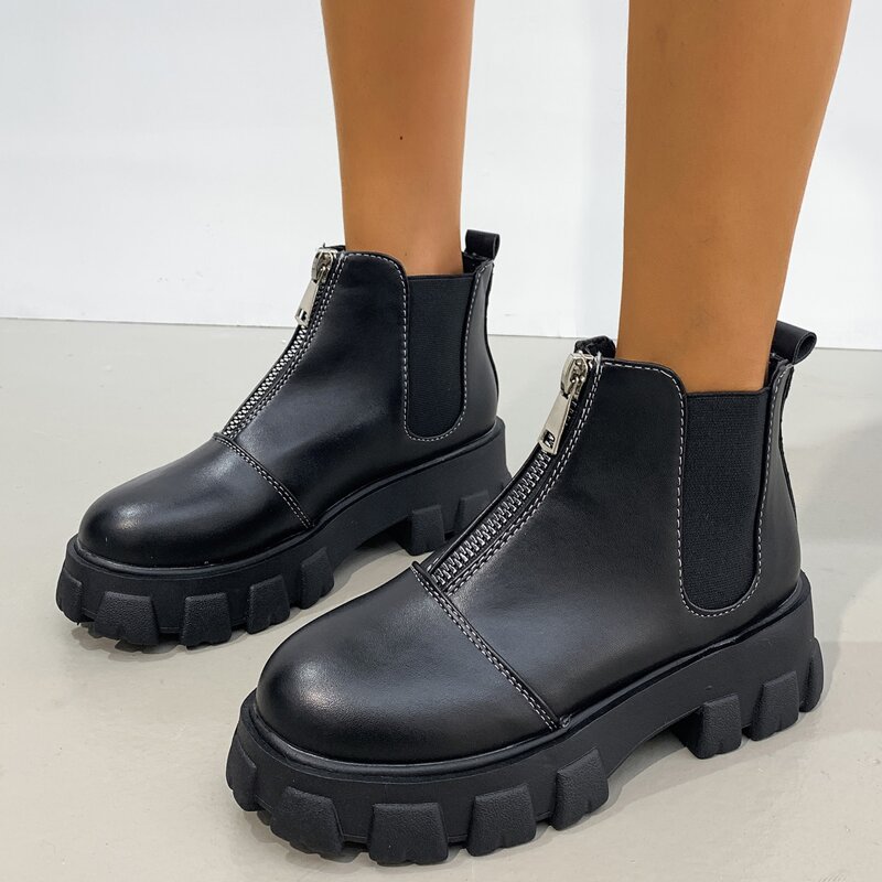 

Zipper Front Chunky Heeled Ankle Boots, Black