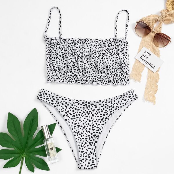 

Dalmatian Print Frill Trim Bikini Swimsuit, Black and white