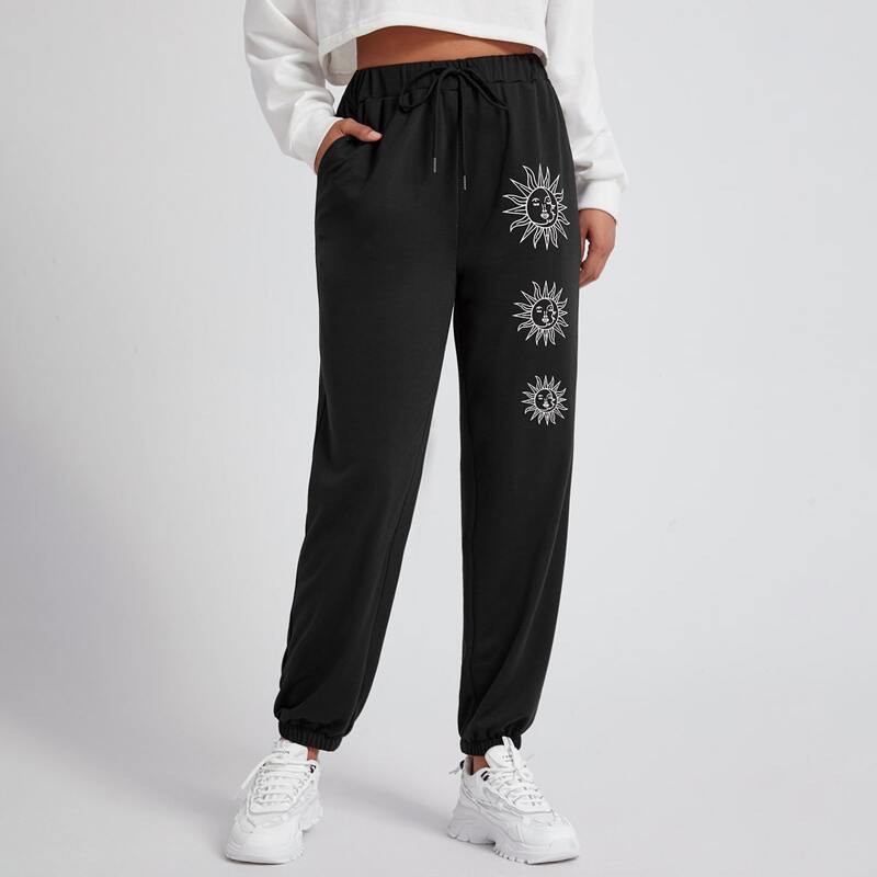 

Sun & Moon Graphic Drawstring Sweatpants, Black