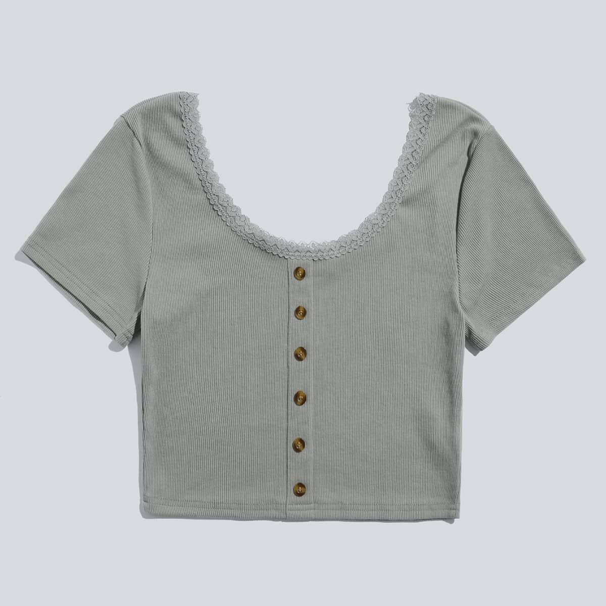 

Contrast Lace Button Front Tee, Grey