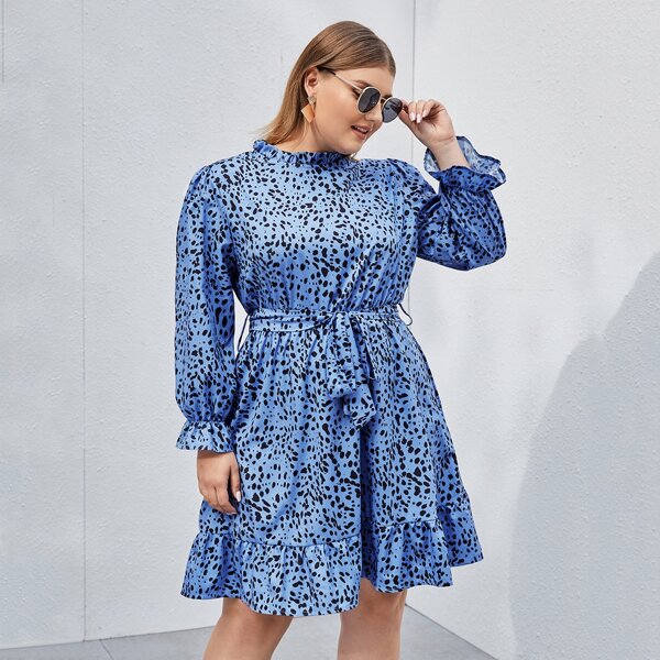 

Plus Dalmatian Print Ruffle Hem Belted Dress, Blue