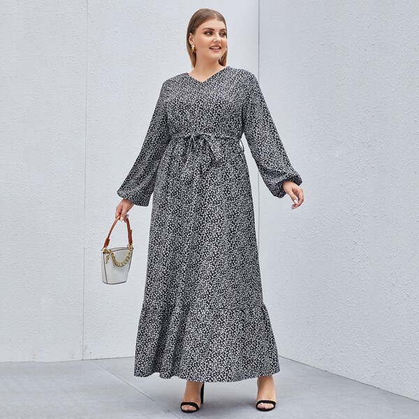 

Plus Ditsy Floral Ruffle Hem Belted Maxi Dress, Black