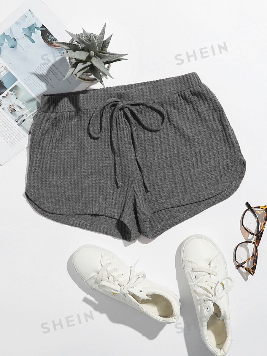 SHEIN EZwear Shorts tejidos de cintura con nudo - Gris Oscuro - Ver 1