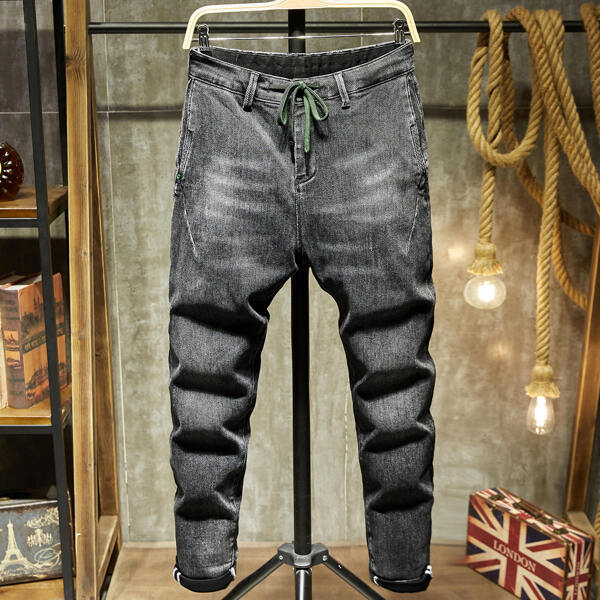 

Men Letter Patched Drawstring Waist Tapered Jeans, Dark grey