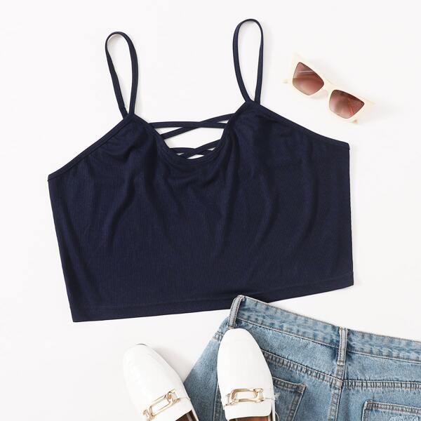 

Plus Criss Cross Front Crop Cami Top, Navy blue
