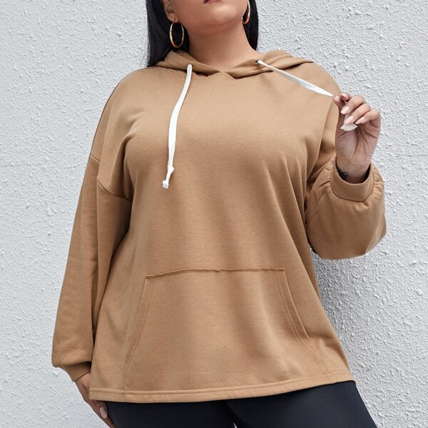 

Plus Drop Shoulder Kangaroo Pocket Drawstring Hoodie, Camel