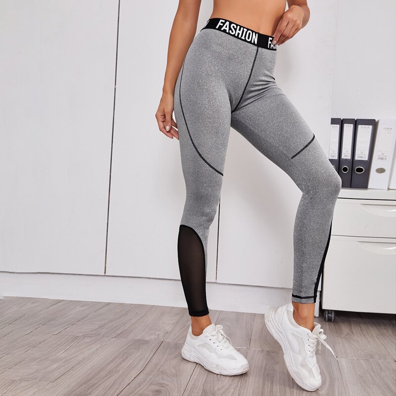 

Letter Tape Mesh Panel Sports Leggings, Grey