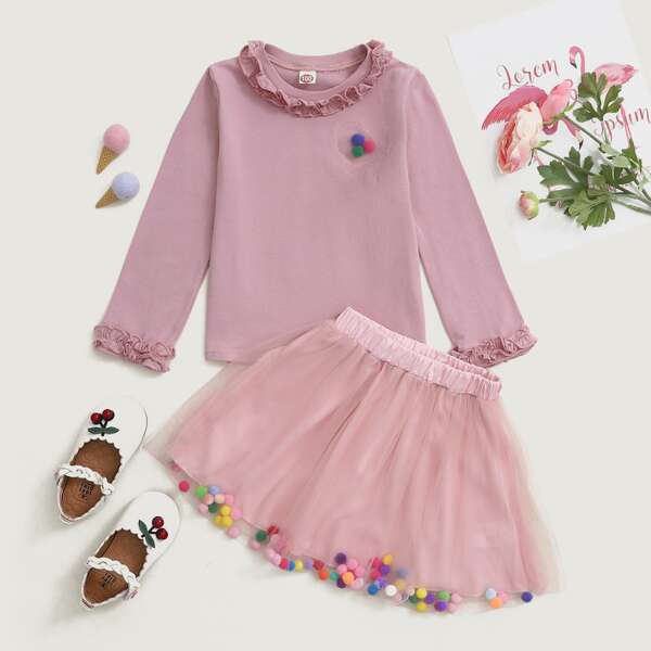 

Toddler Girls Pom Pom Ruffle Neck Tee & Mesh Overlay Skirt Set, Dusty pink