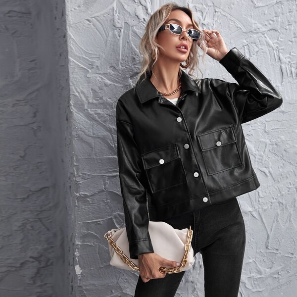 

Single Breasted Flap Pocket PU Padded Jacket, Black