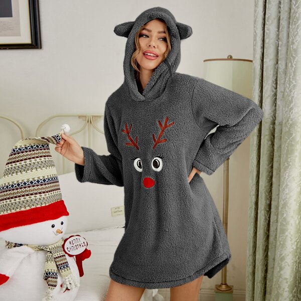 

3D Ear Design Christmas Embroidered Flannel Night Dress, Dark grey