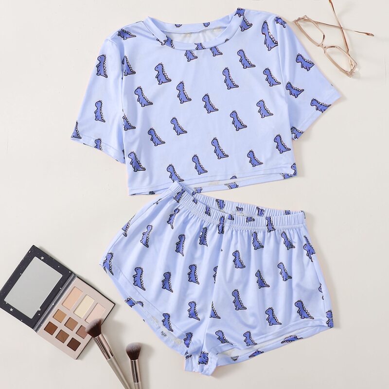 

Allover Cartoon Dinosaur Pajama Set, Lilac purple