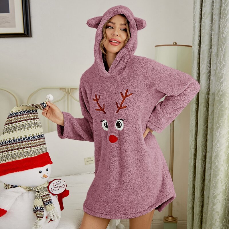 

3D Ear Design Christmas Embroidered Flannel Night Dress, Pink