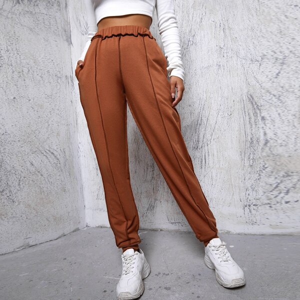 

Contrast Stitch Elastic Waist Pants, Rust brown