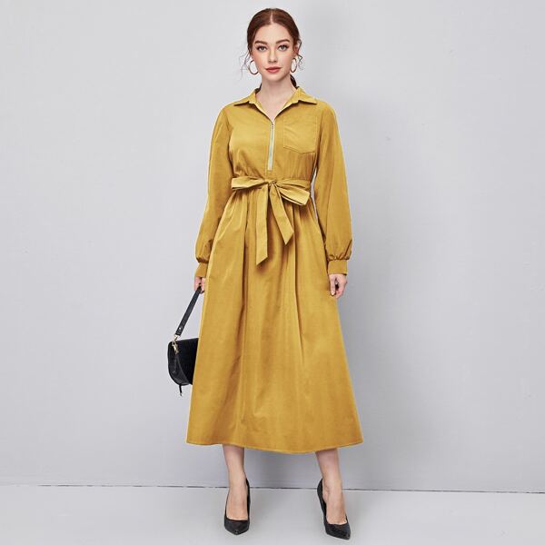 

Collared Zip Up Pocket Front Self Belted Dress, Mustard yellow