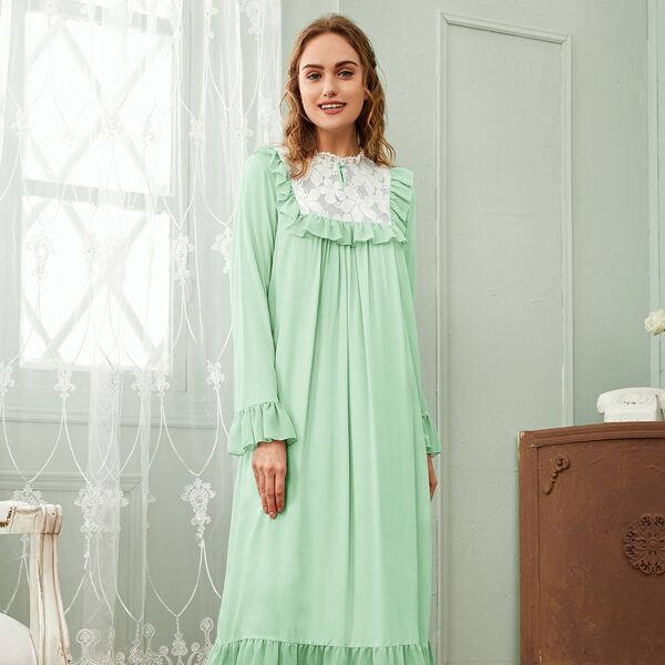 

Lace Yoke Ruffle Trim Nightdress, Mint green