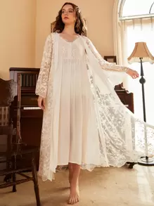 PalaceNights Floral Embroidery Pajama Night Dress & Tie Front Robe White Set, Fall Winter Clothes - White - View 1